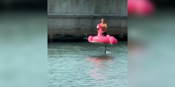 В Новороссийске туристы сняли на видео «летящего» на фламинго мужчину