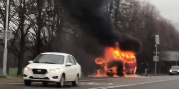 Под Краснодаром на дороге сгорел автомобиль. Видео