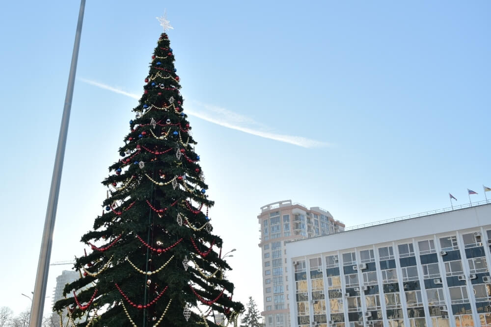 В центре Краснодара установили и украсили 22-метровую новогоднюю елку