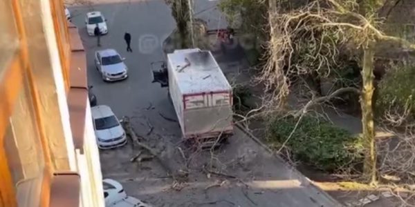 В Сочи грузовик сломал сухое дерево, его ветки упали на припаркованные машины