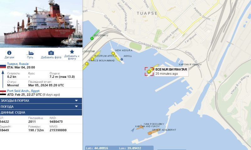 «Байрактар» в Туапсе: сухогруз Ece Nur Bayraktar пришвартовался в порту