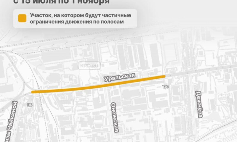 До ноября ограничат движение на улице Уральской в Краснодаре