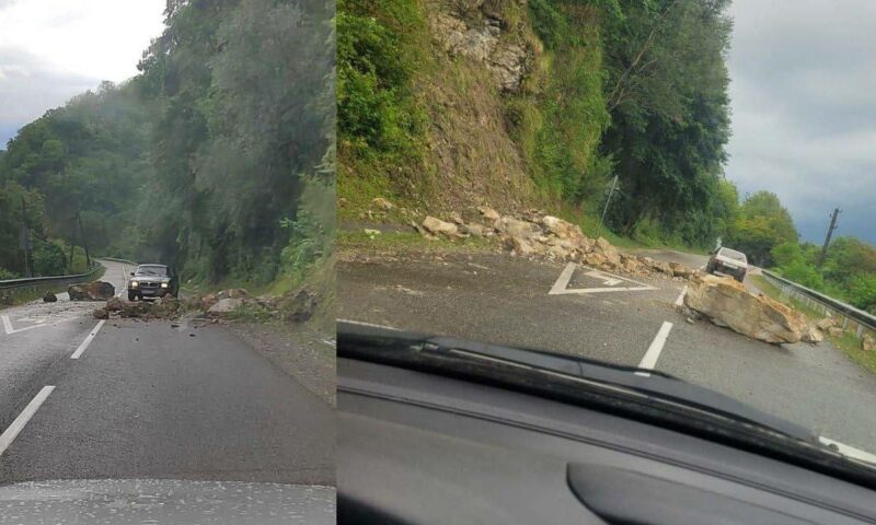 После ливня часть скалы обрушилась на дорогу в горах Сочи