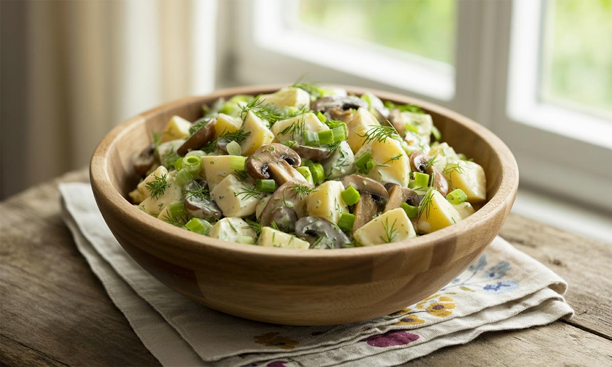 Простой и вкусный рецепт теплого салата с картошкой и грибами