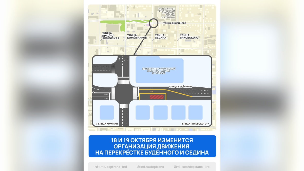 В Краснодаре на два дня изменят схему движения на перекрестке Буденного и Седина