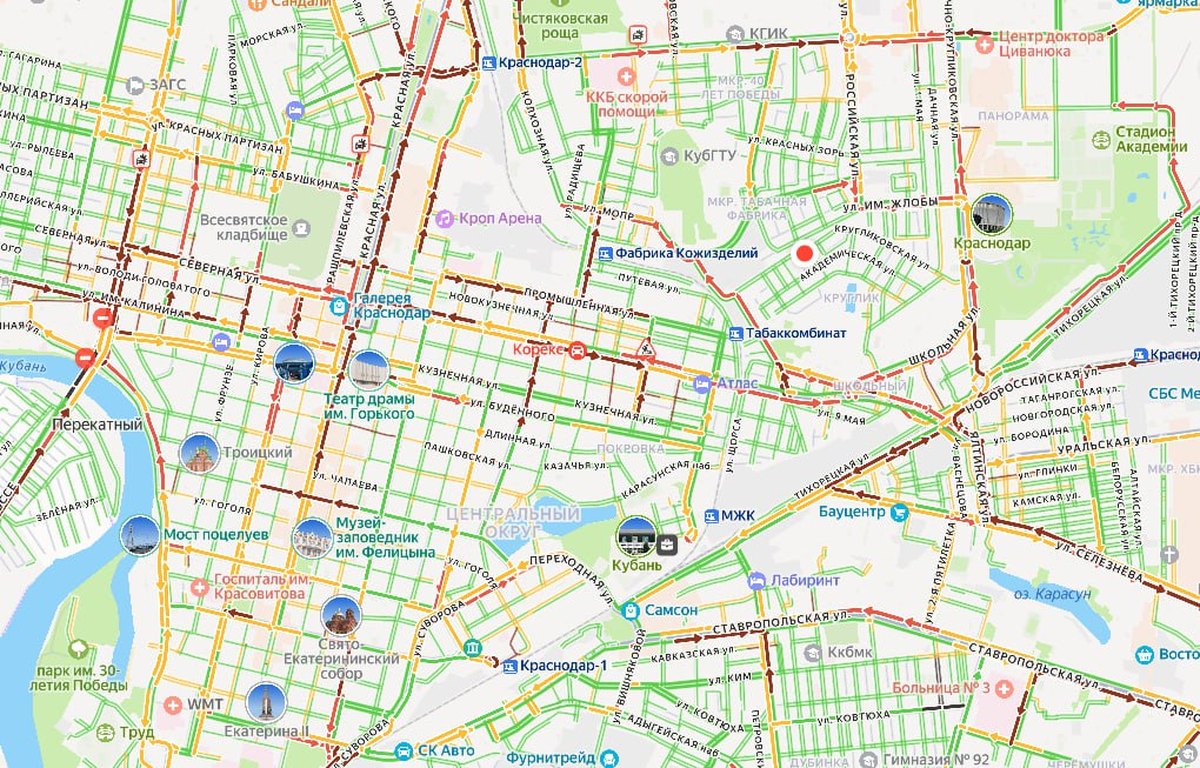 Пробки в Краснодаре в конце рабочего дня 1 ноября достигли 9 баллов